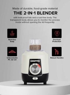 GEEPAS 2-in-1 Blender, Powerful Motor With 2 Speed Setting and Pulse| Transparent And Unbreakable Jars With Stainless Steel Blade, Grinder Attachment| Perfect For making Smoothies, Milkshakes, Etc And Grinding Beans, Coconut, Nuts, Etc|2 Years Warranty 1.8 L 600 W GSB44027T White/Black  - Image 2