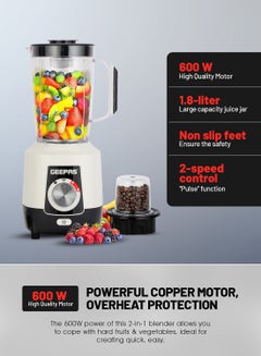 GEEPAS 2-in-1 Blender, Powerful Motor With 2 Speed Setting and Pulse| Transparent And Unbreakable Jars With Stainless Steel Blade, Grinder Attachment| Perfect For making Smoothies, Milkshakes, Etc And Grinding Beans, Coconut, Nuts, Etc|2 Years Warranty 1.8 L 600 W GSB44027T White/Black  - Image 4