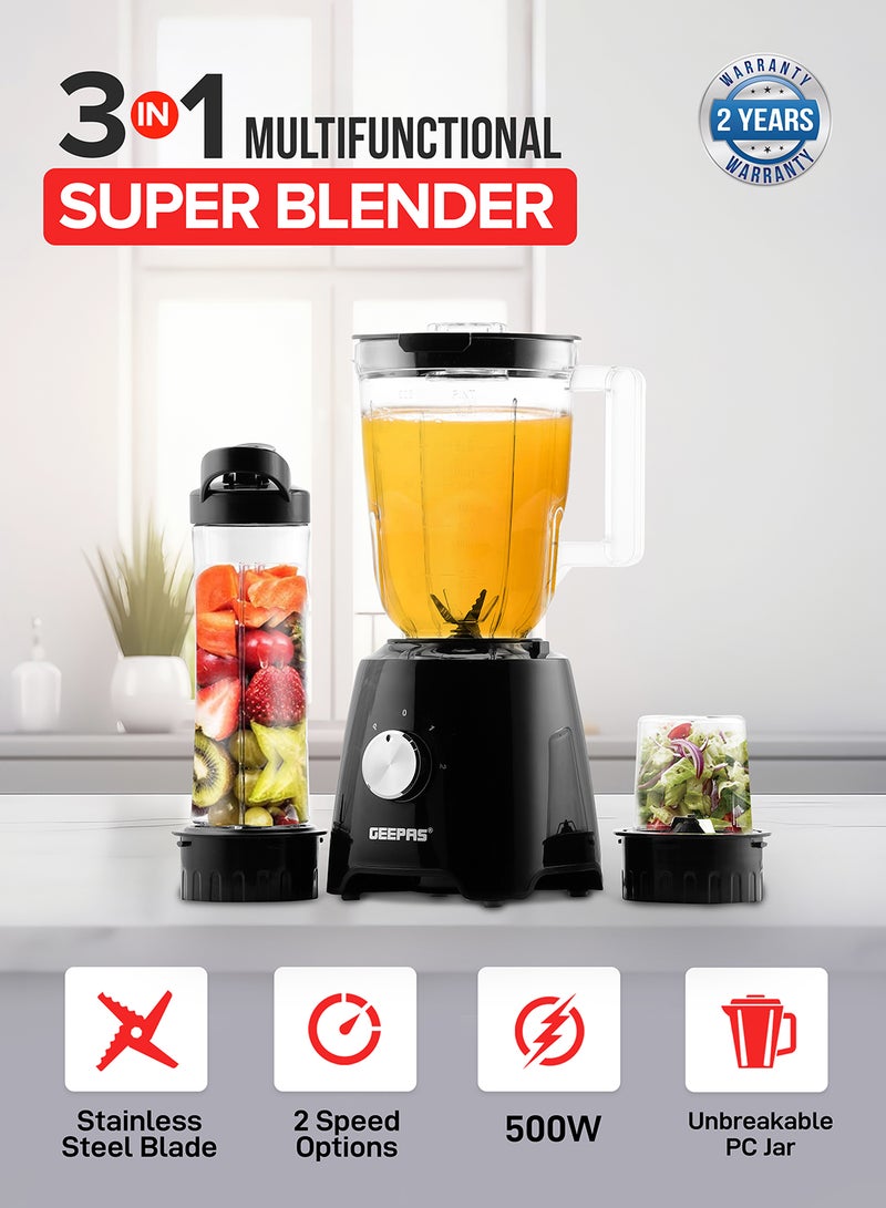 GEEPAS - Multi functional Super Blender with 2 speed and Pulse Function Coffee/Spice Grinder Mill & Food Jug Blender 1.5 L 500 W GSB44033N Black/Clear - Image 1