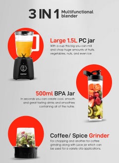 GEEPAS Multi functional Super Blender with 2 speed and Pulse Function Coffee/Spice Grinder Mill & Food Jug Blender 1.5 L 500 W GSB44033N Black/Clear  - Image 3