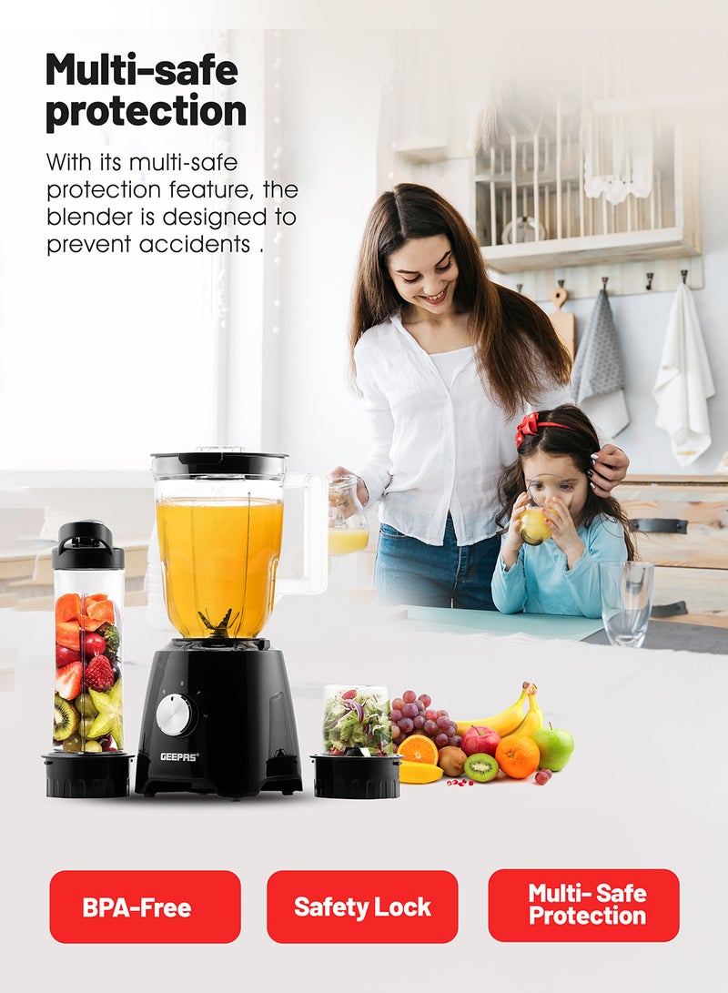 GEEPAS - Multi functional Super Blender with 2 speed and Pulse Function Coffee/Spice Grinder Mill & Food Jug Blender 1.5 L 500 W GSB44033N Black/Clear - Image 1