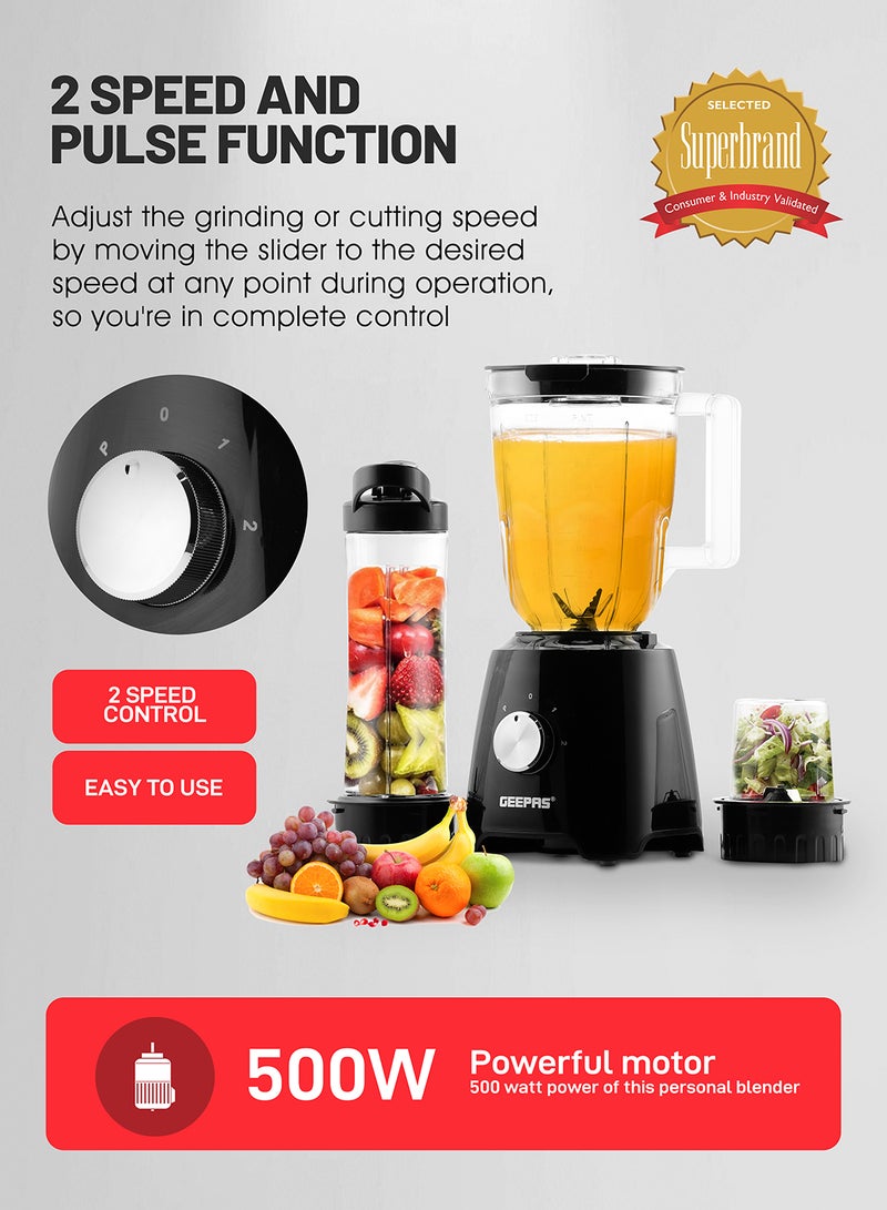 GEEPAS - Multi functional Super Blender with 2 speed and Pulse Function Coffee/Spice Grinder Mill & Food Jug Blender 1.5 L 500 W GSB44033N Black/Clear - Image 1