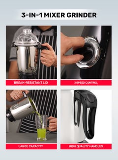 GEEPAS Multifunctional Mixer Grinder Stainless Steel Jars with Lockable Lid Perfect for Dry and Wet Fine Grinding  3 Speed powerful motor 1.5 L 750 W GSB44067 White/Purple/Silver  - Image 5