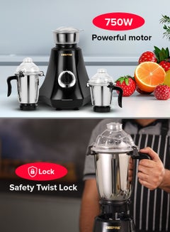 GEEPAS Multifunctional Mixer Grinder Stainless Steel Jars with Lockable Lid Perfect for Dry and Wet Fine Grinding  3 Speed powerful motor 1.5 L 750 W GSB44067 White/Purple/Silver  - Image 3
