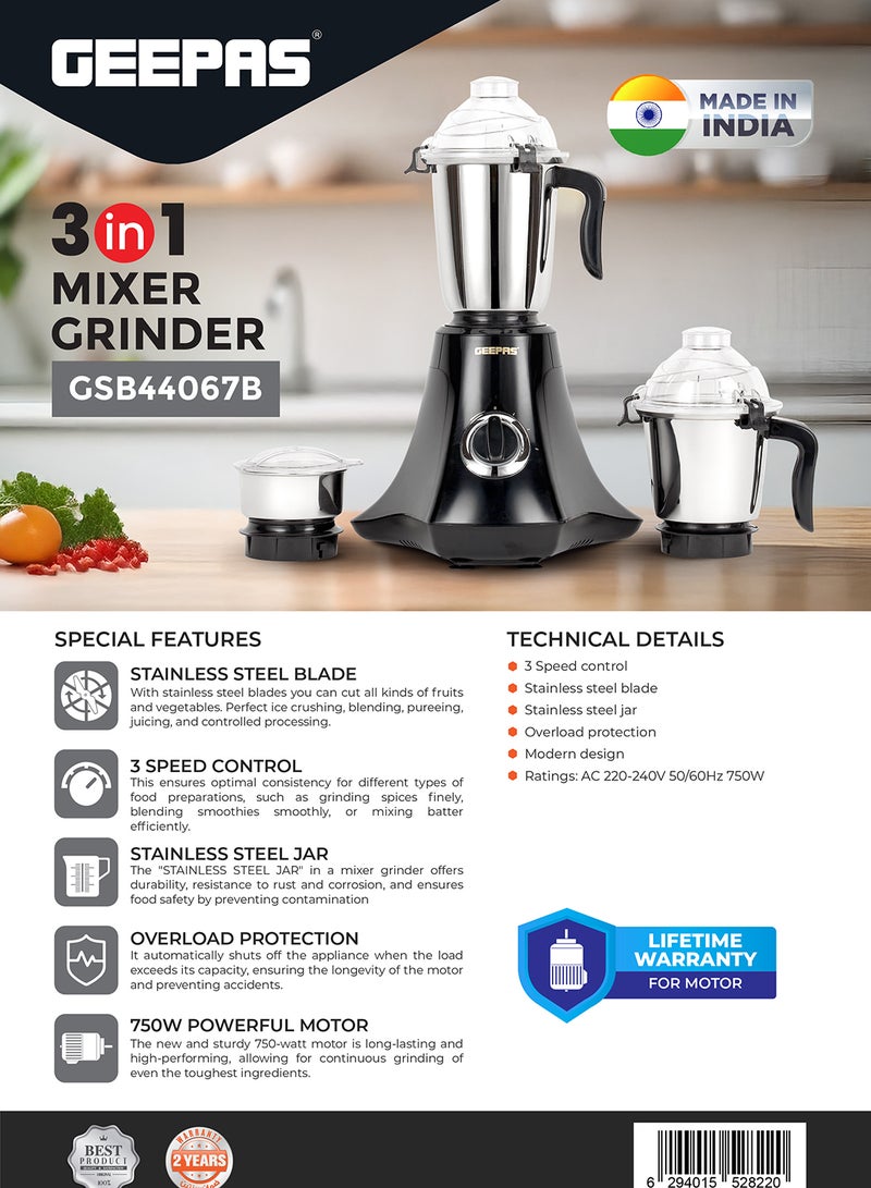 GEEPAS - Multifunctional Mixer Grinder Stainless Steel Jars with Lockable Lid Perfect for Dry and Wet Fine Grinding  3 Speed powerful motor 1.5 L 750 W GSB44067 White/Purple/Silver - Image 1