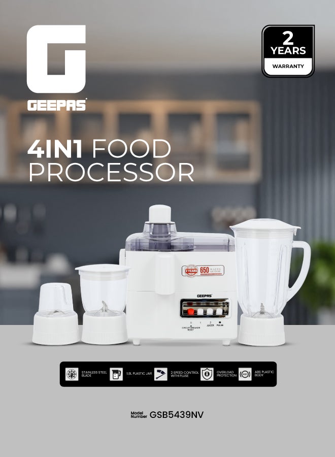 جيباس محضر طعام 4 في 1 متعدد الاستخدامات 1.8 L 650 W GSB5439NV أبيض - Image 1