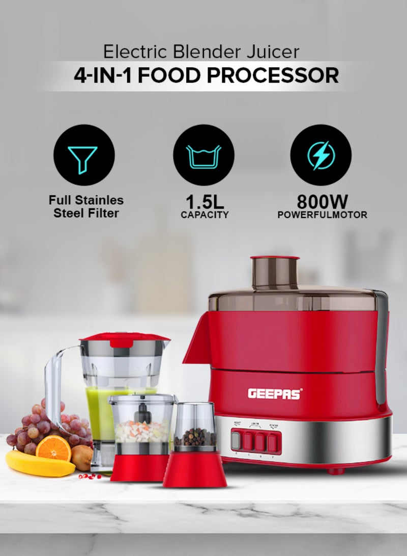 GEEPAS - 4-in-1 Food Processor Electric Blender Juicer, 2-Speed with Pulse Function & Safety Interlock |Juicer, Blender & Coffee Mill Included 1.5 L 600 W GSB9990 Red/Silver - Image 1