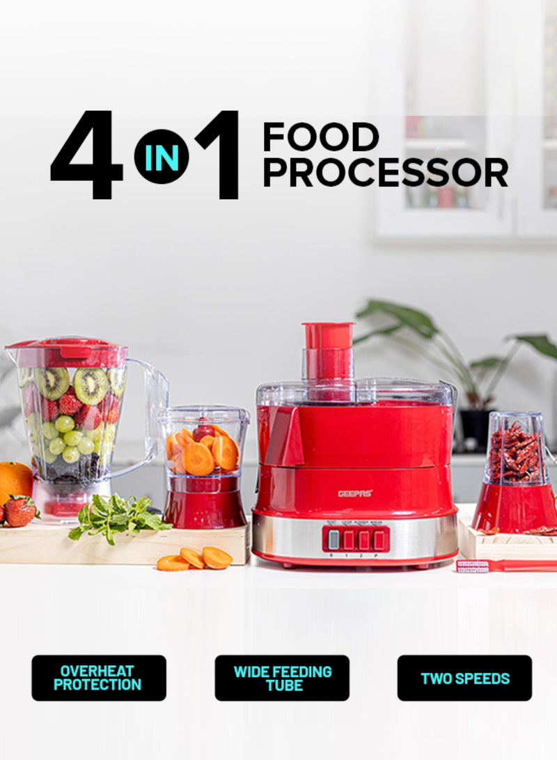 GEEPAS - 4-in-1 Food Processor Electric Blender Juicer, 2-Speed with Pulse Function & Safety Interlock |Juicer, Blender & Coffee Mill Included 1.5 L 600 W GSB9990 Red/Silver - Image 1