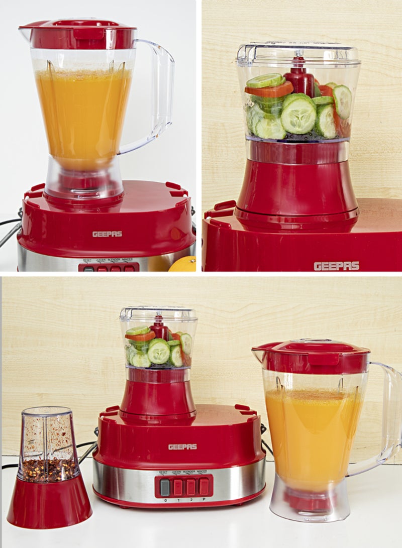 GEEPAS - 4-in-1 Food Processor Electric Blender Juicer, 2-Speed with Pulse Function & Safety Interlock |Juicer, Blender & Coffee Mill Included 1.5 L 600 W GSB9990 Red/Silver - Image 1
