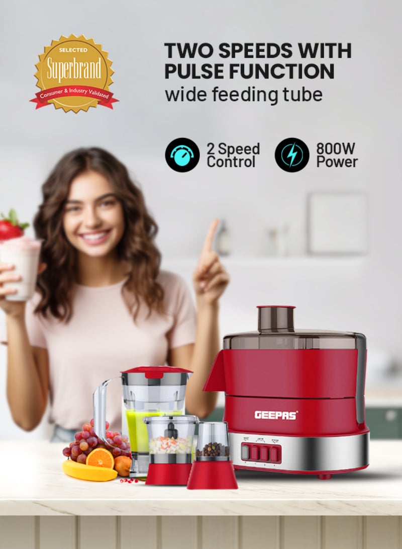 GEEPAS - 4-in-1 Food Processor Electric Blender Juicer, 2-Speed with Pulse Function & Safety Interlock |Juicer, Blender & Coffee Mill Included 1.5 L 600 W GSB9990 Red/Silver - Image 1