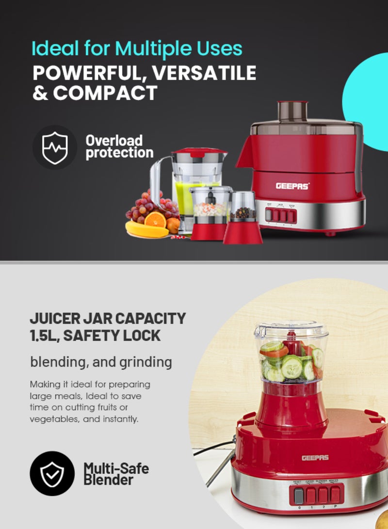 GEEPAS - 4-in-1 Food Processor Electric Blender Juicer, 2-Speed with Pulse Function & Safety Interlock |Juicer, Blender & Coffee Mill Included 1.5 L 600 W GSB9990 Red/Silver - Image 1