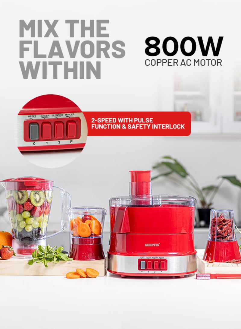GEEPAS - 4-in-1 Food Processor Electric Blender Juicer, 2-Speed with Pulse Function & Safety Interlock |Juicer, Blender & Coffee Mill Included 1.5 L 600 W GSB9990 Red/Silver - Image 1