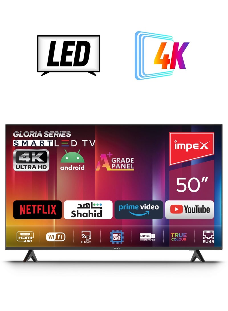 Impex 50 Inch 4K Ultra HD Smart Android LED TV - Frame Less Design, Quad Core Processor, Mirror Cast And E-Share, HDMI\USB\ Wi-Fi Input, Netflix, YouTube, Disney+, Apple TV+, Starz Play Arabia, Super Slim Gloria 50 UHD Black  - Image 1