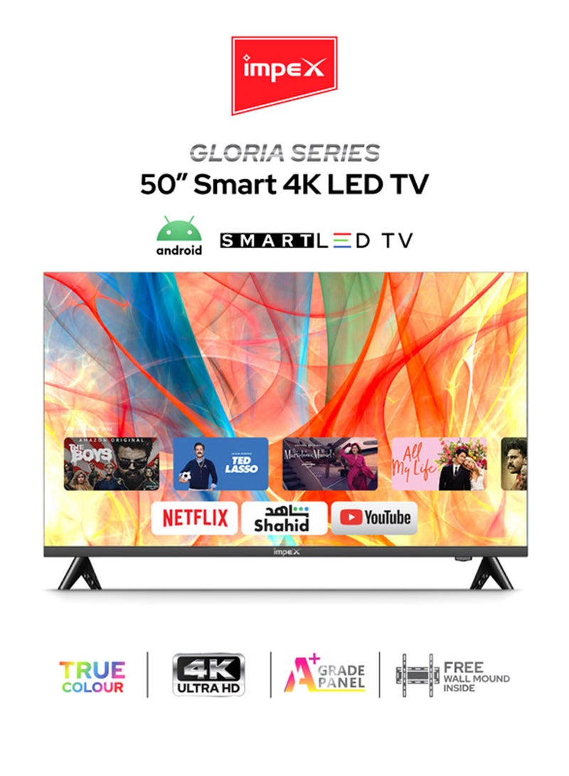 Impex 50 Inch 4K Ultra HD Smart Android LED TV - Frame Less Design, Quad Core Processor, Mirror Cast And E-Share, HDMI\USB\ Wi-Fi Input, Netflix, YouTube, Disney+, Apple TV+, Starz Play Arabia, Super Slim Gloria 50 UHD Black  - Image 1
