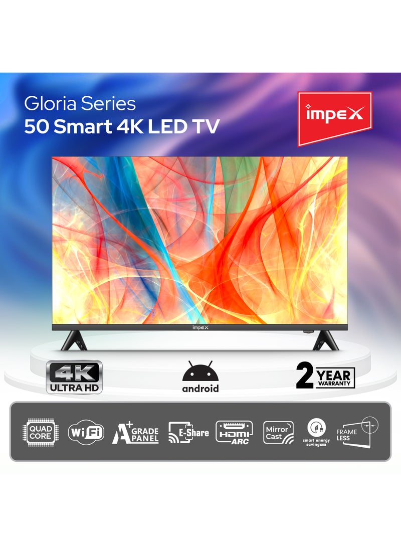 Impex 50 Inch 4K UHD Smart LED TV - Android, Quad Core, Frameless, A+ Panel, Wi-Fi, 3 HDMI, 2 USB, RJ45, DVB-T2, 3840x2160, Slim, 2 Year Warranty - Gloria 50 UHD Smart - Black GLORIA 50 UHD SMART Black - Image 2
