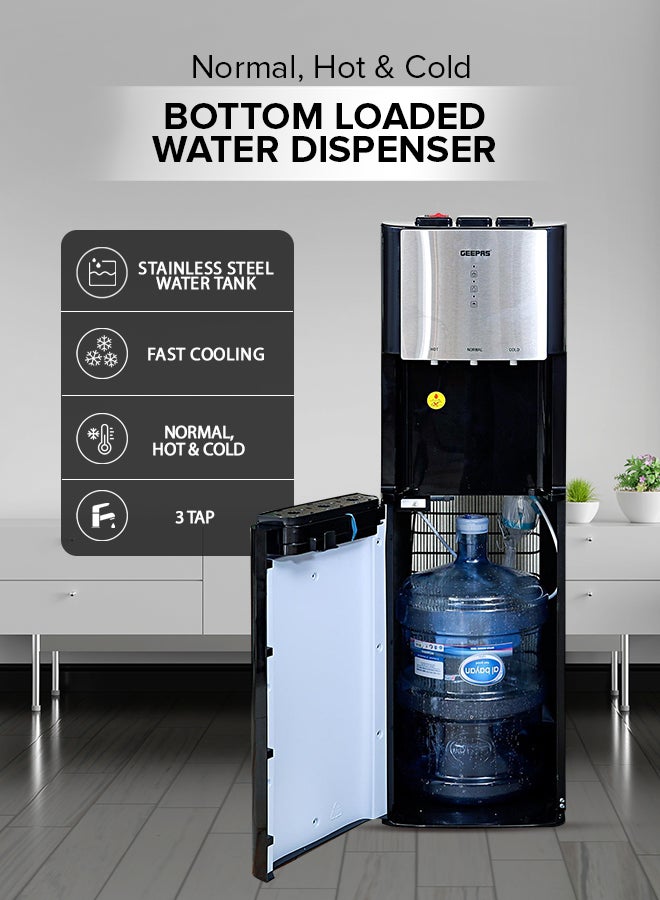 GEEPAS - Bottom Load Hot Normal & Cold Water Dispenser With Stainless Steel Water Tank, 5L Hot Water and 2L Cold Water Capacity includes 3 Taps GWD17021 Black/Silver - Image 1