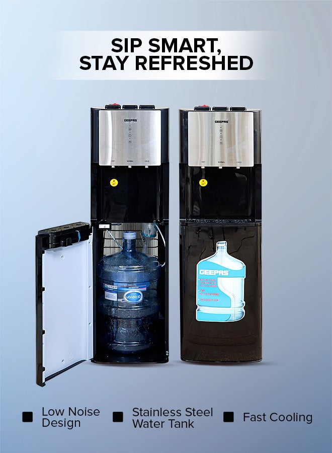 GEEPAS - Bottom Load Hot Normal & Cold Water Dispenser With Stainless Steel Water Tank, 5L Hot Water and 2L Cold Water Capacity includes 3 Taps GWD17021 Black/Silver - Image 1