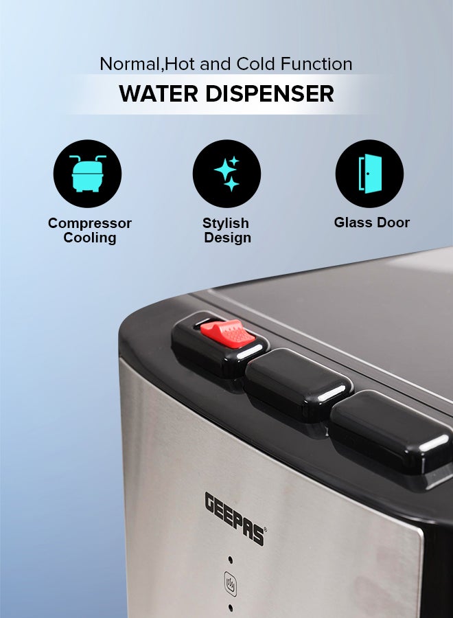 GEEPAS - Bottom Load Hot Normal & Cold Water Dispenser With Stainless Steel Water Tank, 5L Hot Water and 2L Cold Water Capacity includes 3 Taps GWD17021 Black/Silver - Image 1