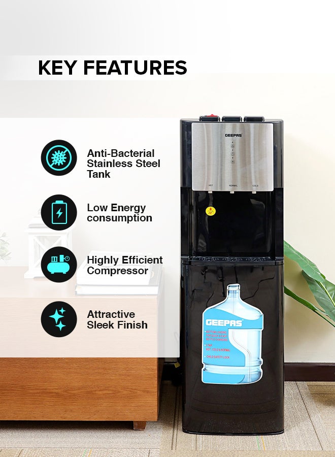 GEEPAS - Bottom Load Hot Normal & Cold Water Dispenser With Stainless Steel Water Tank, 5L Hot Water and 2L Cold Water Capacity includes 3 Taps GWD17021 Black/Silver - Image 1