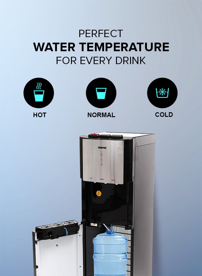 GEEPAS - Bottom Load Hot Normal & Cold Water Dispenser With Stainless Steel Water Tank, 5L Hot Water and 2L Cold Water Capacity includes 3 Taps GWD17021 Black/Silver - Image 1