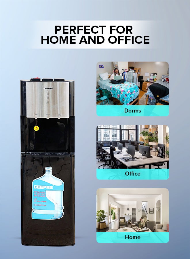 GEEPAS - Bottom Load Hot Normal & Cold Water Dispenser With Stainless Steel Water Tank, 5L Hot Water and 2L Cold Water Capacity includes 3 Taps GWD17021 Black/Silver - Image 1