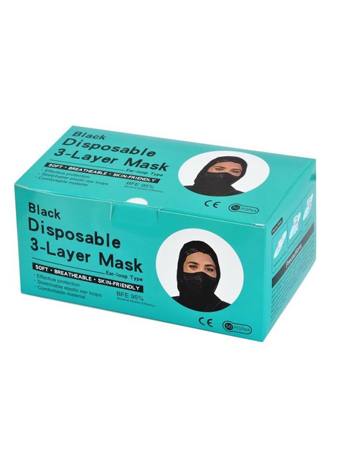 قناع وجه أسود من 3 طبقات للاستخدام مرة واحدة للبالغين (50 قطعة) - Image 2