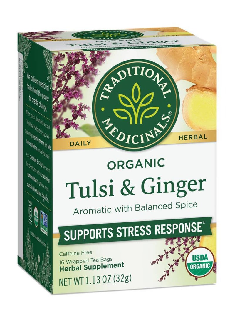 Traditional Medicinals Organic Tulsi and Ginger, Supports Stress Response, Caffeine Free, 16 Tea Bags  - Image 1
