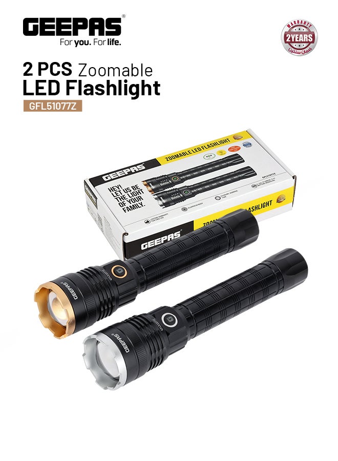 GEEPAS Rechargeable Zoom able LED Flashlight with 30W High-Power Super Bright Light and Aluminum Body Black  - Image 1
