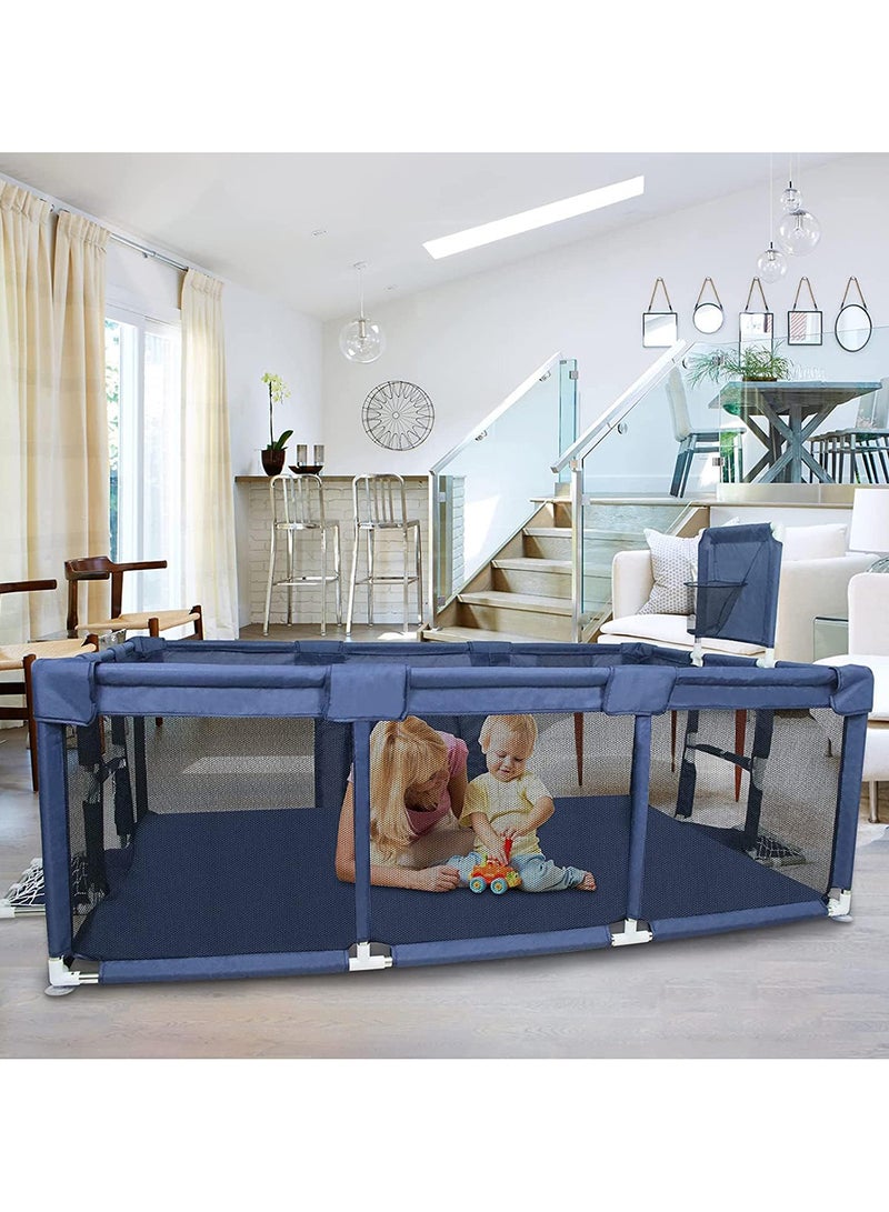 SKY-TOUCH - Large Toddler Stainless Steel Pipe Foldable Safe Playpen For Twin - Blue - Image 1