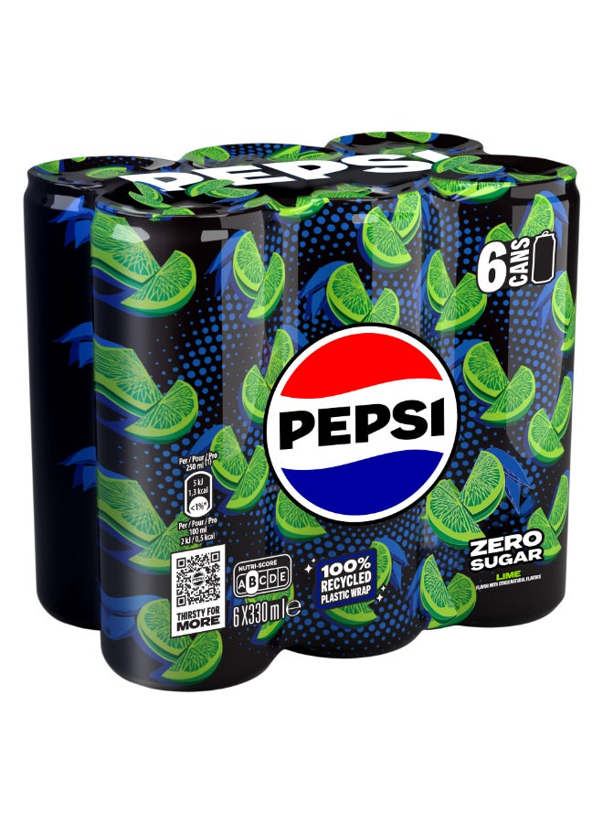 Pepsi - Zero Lime Flavor No Sugar Carbonated Soft Drink Can Lime Yellow 330.0ml Pack of 6 - Image 1