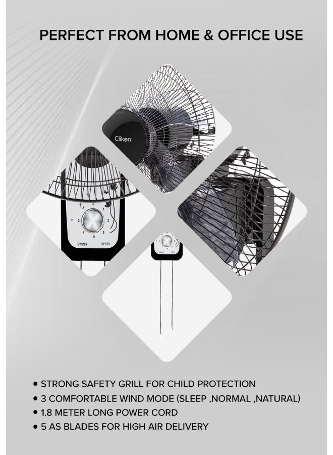 Clikon 16-Inch Wall Fan with 5 Leaf Blade Design, 1250 RPM, 3 Speed Setting, Swing Function, 2 Year Warranty 50 W CK2818 Black/White - Image 3