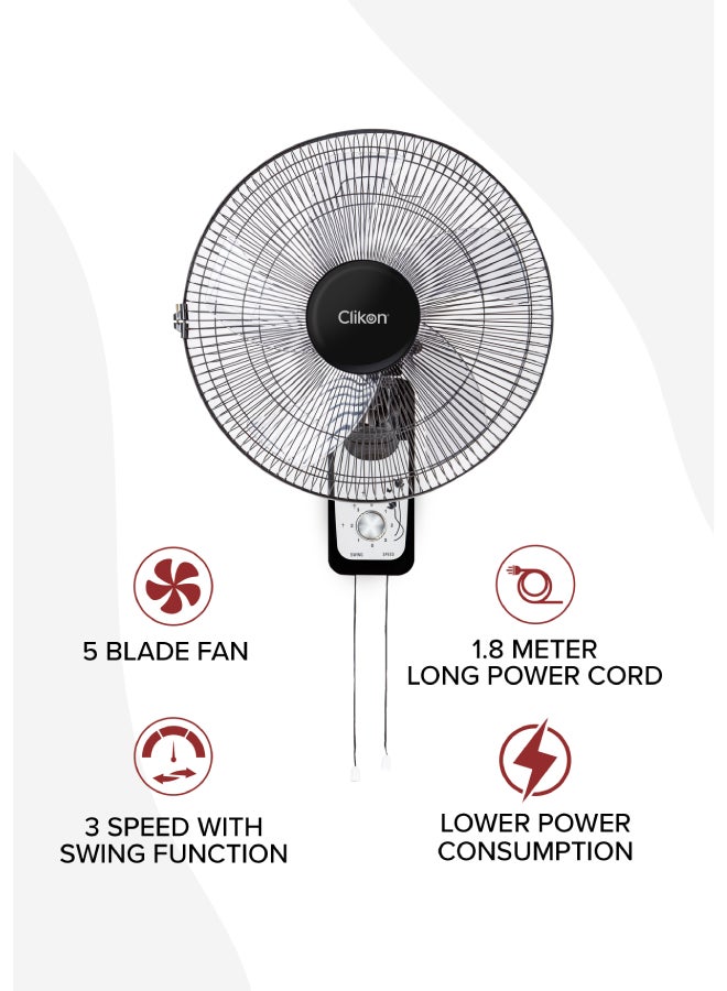 Clikon 16-Inch Wall Fan with 5 Leaf Blade Design, 1250 RPM, 3 Speed Setting, Swing Function, 2 Year Warranty 50 W CK2818 Black/White - Image 2