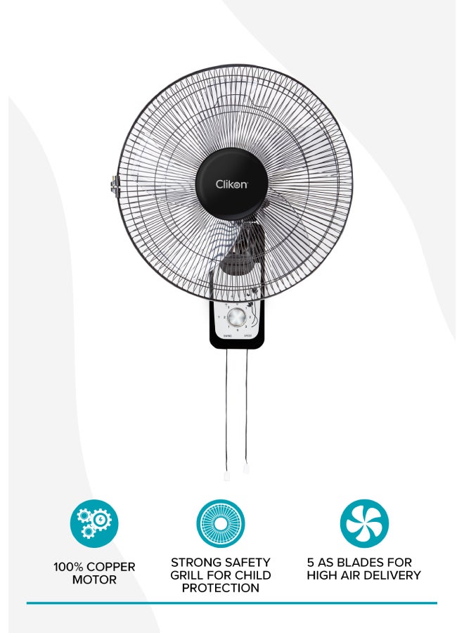 Clikon 16-Inch Wall Fan with 5 Leaf Blade Design, 1250 RPM, 3 Speed Setting, Swing Function, 2 Year Warranty 50 W CK2818 Black/White - Image 4