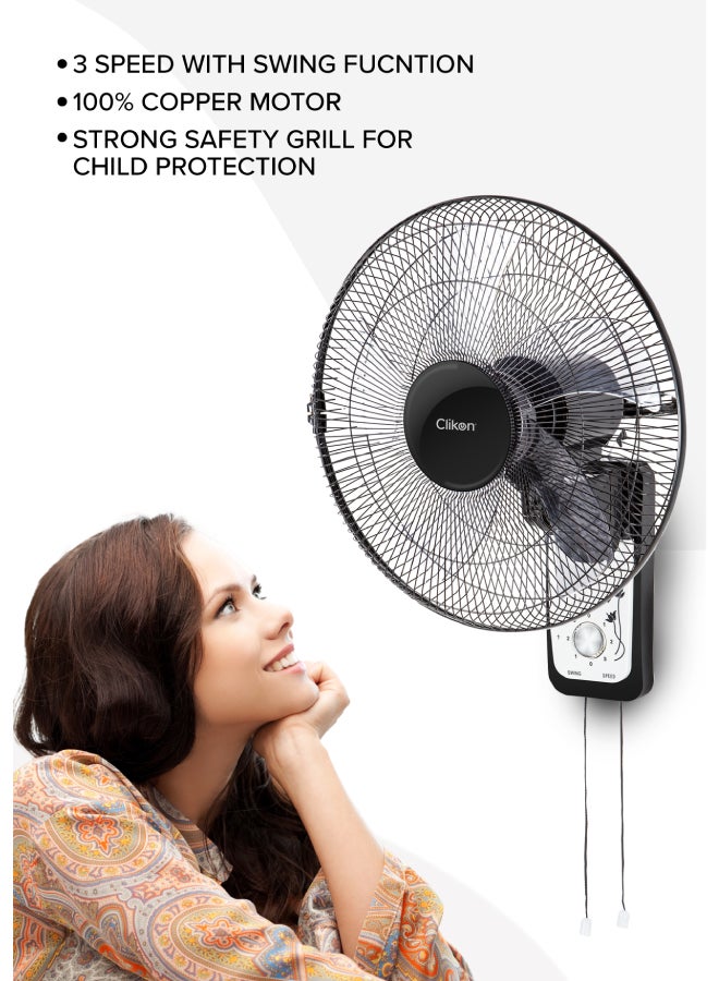 Clikon 16-Inch Wall Fan with 5 Leaf Blade Design, 1250 RPM, 3 Speed Setting, Swing Function, 2 Year Warranty 50 W CK2818 Black/White - Image 5