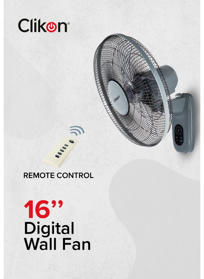 Clikon 16-Inch Wall Fan with Remote Control, 5 Leaf Blade Design, 1150 RPM, Timer & Swing Function, 3 Speed Setting, 2 Year Warranty 50 W CK2819 Grey/Black - Image 1