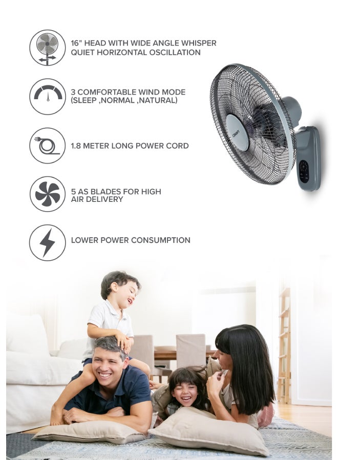 Clikon 16-Inch Wall Fan with Remote Control, 5 Leaf Blade Design, 1150 RPM, Timer & Swing Function, 3 Speed Setting, 2 Year Warranty 50 W CK2819 Grey/Black - Image 4