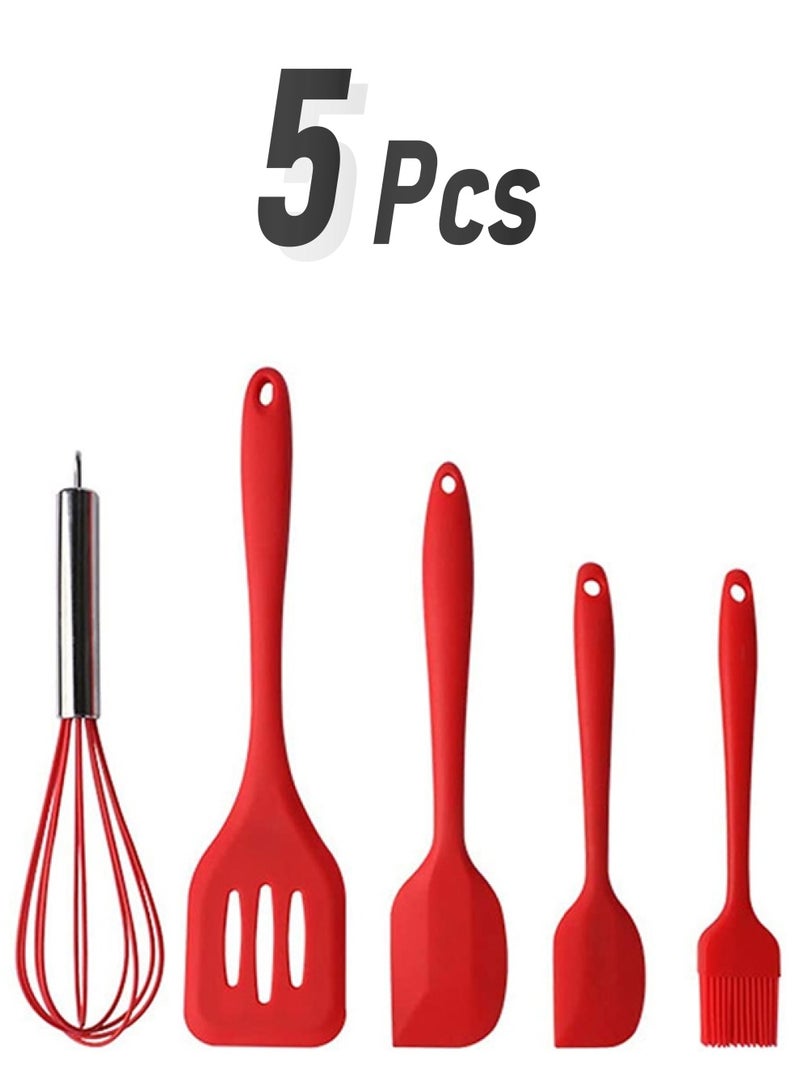 طقم ملاعق طهي مقاومة للحرارة من السيليكون مكون من 5 قطع أحمر - Image 1