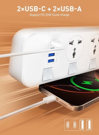 SC4408 Defender Series 2500W Surge Protector Power Strip, 4 Sockets with Independent Switches, 3.4A Fast Charging, 2 USB-A + 2 USB-C (PD) Ports, Multifunction Extension Socket, Medium Size - UAE ECAS Safety Certified White 2meter - view 2