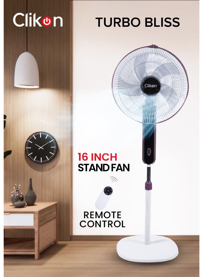 Clikon 16 Inch Turbo Pedesta Bliss Stand Fan with Digital Display and Remote Control, Strong Safety Grill, Adjustable Base Height 50 W CK2816 White/Pink - Image 1