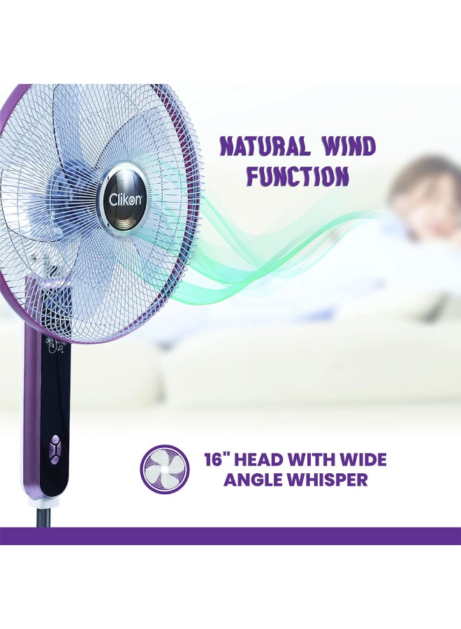 Clikon 16 Inch Turbo Pedesta Bliss Stand Fan with Digital Display and Remote Control, Strong Safety Grill, Adjustable Base Height 50 W CK2816 White/Pink - Image 2