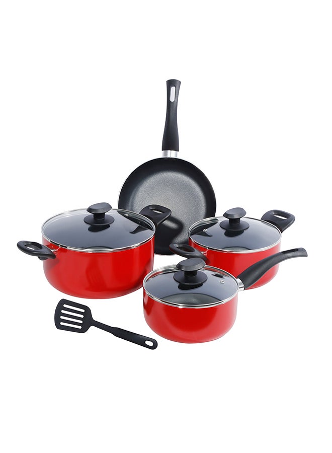 Homeway 8 Piece Non-Stick Cookware Set, 24Cm Casserole With Lid, 20Cm Casserole With Lid, 18Cm Sauce Pan With Lid, 24Cm Frying Pan, Nylon Turner - Hw3455 Red 1cm  - Image 1
