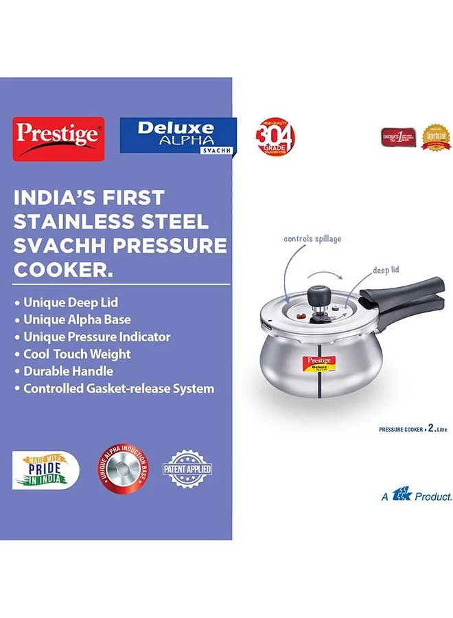 Prestige Deluxe Alpha Svachh Baby Handi Stainless Steel Pressure Cooker with Lid Black/Silver 2Liters