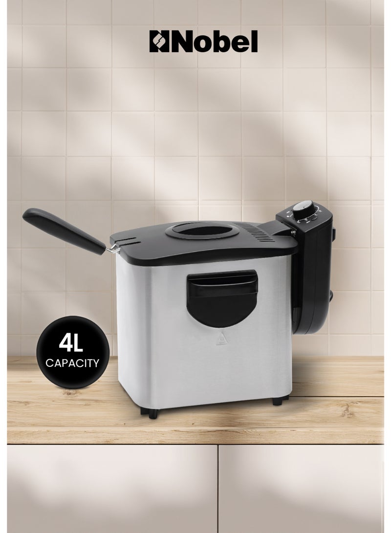 Nobel Deep Fryer with 700g Frying Capacity, Detachable Enamel Oil Tank Dishwasher Safe with Adjustable Temperature Control 4 L 2500 W NDF8G Stainless Steel  - Image 1