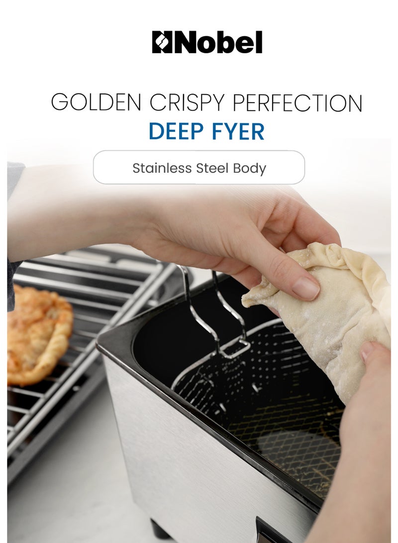 Nobel Deep Fryer with 700g Frying Capacity, Detachable Enamel Oil Tank Dishwasher Safe with Adjustable Temperature Control 4 L 2500 W NDF8G Stainless Steel  - Image 2