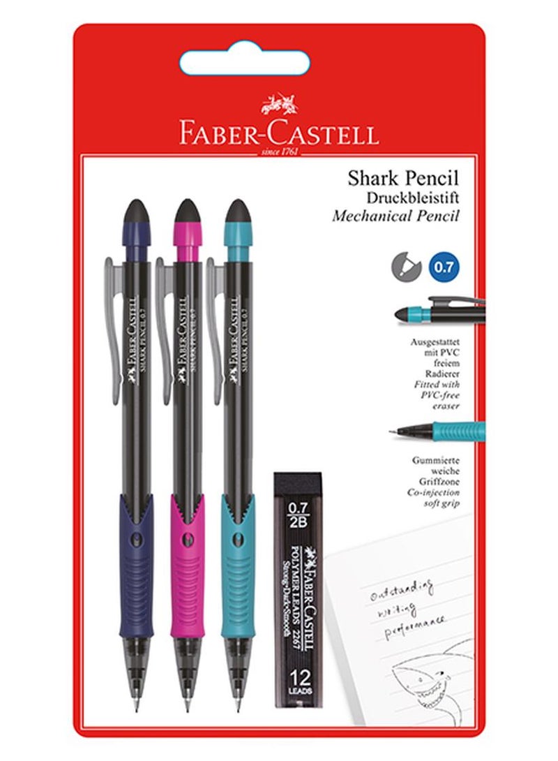FABER-CASTELL Shark Mechanical Pencil+Lead 0.7Mm 3+1 Blister Pack Assorted