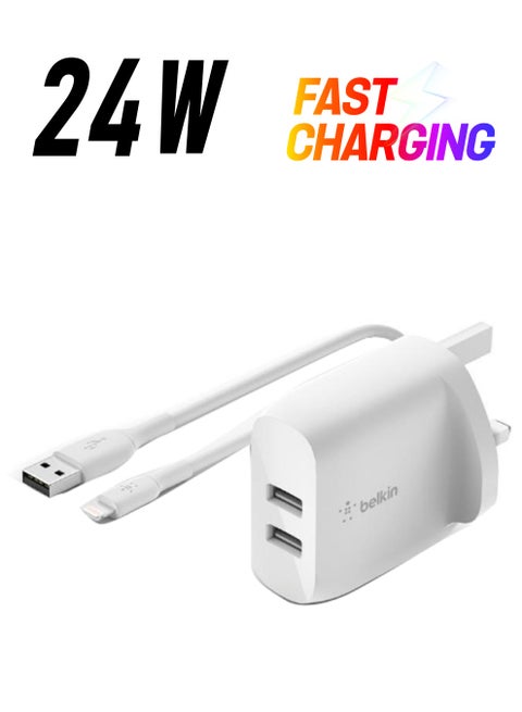 MFi Certified Boost Charge Dual USBA Wall Charger 24W  USBA To Lightning Cable Apple Adapter iPhone Charger Cable  Adapter For iPhone 14 And 13 Series iPad Airpods And More White