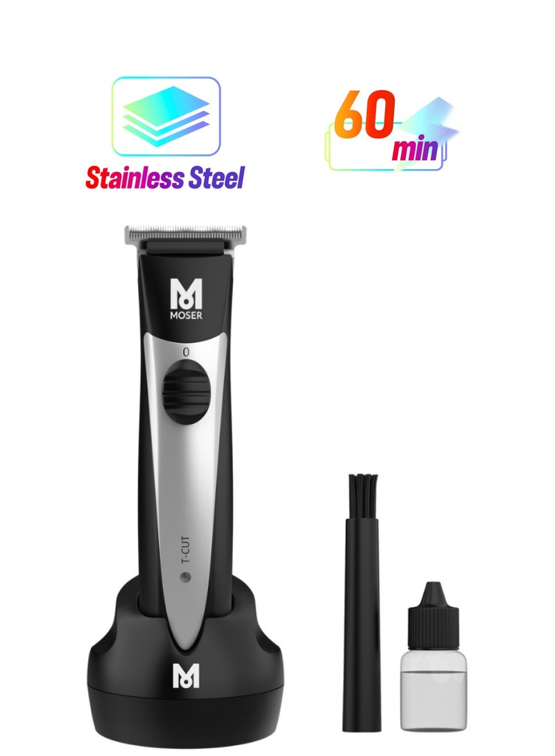 MOSER - T-Cut Professional Cordless Trimmer For Men With 40Mm T-Blade (Made In Germany) | 60-Minutes Runtime | High-Grade Steel Blades | Lightweight And Quiet Operation (1591-0170) Black/Silver - Image 1