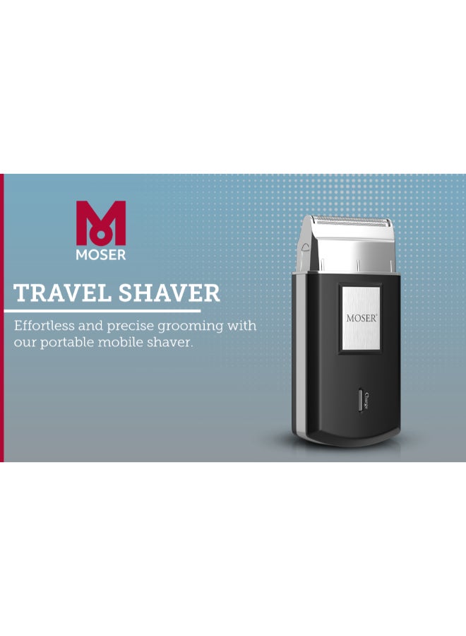 MOSER - Mobile Shaver, Cordless Precision Shaver With Ultra-Close Cut Foil, Compact Design, Soft-Touch Ergonomic Design, Space-Saving Travel Pouch Included (3615-0052) Black/Silver - Image 1
