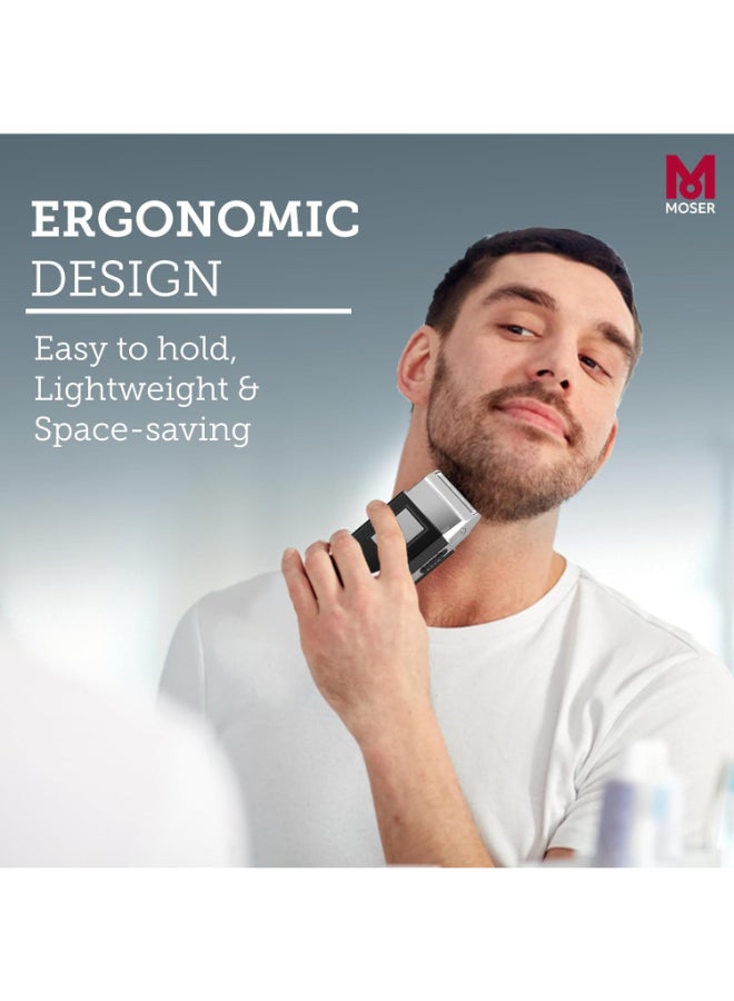 MOSER - Mobile Shaver, Cordless Precision Shaver With Ultra-Close Cut Foil, Compact Design, Soft-Touch Ergonomic Design, Space-Saving Travel Pouch Included (3615-0052) Black/Silver - Image 1