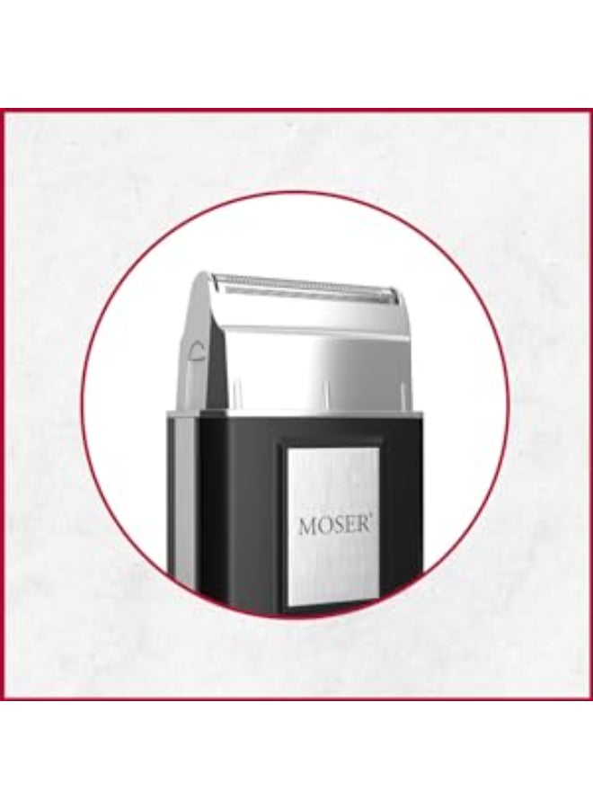 MOSER - Mobile Shaver, Cordless Precision Shaver With Ultra-Close Cut Foil, Compact Design, Soft-Touch Ergonomic Design, Space-Saving Travel Pouch Included (3615-0052) Black/Silver - Image 1